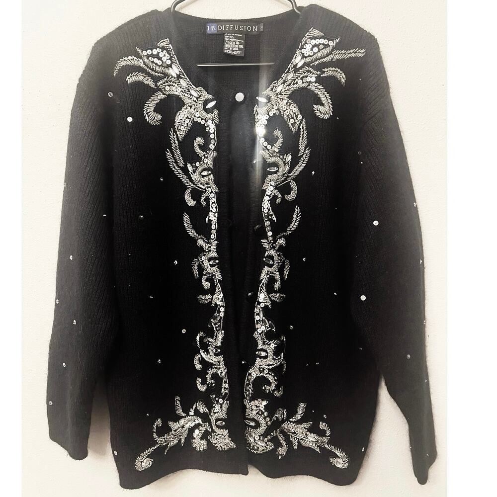 Diffusion Silk Angora Wool Sz L Cardigan Sequence 90s Y2K Holiday Classy Elegant